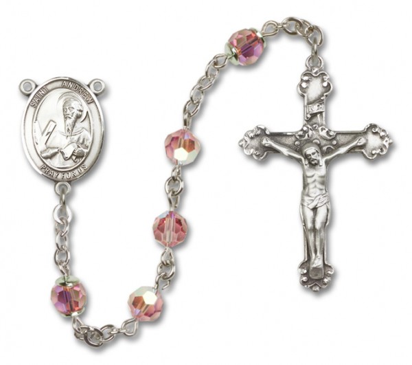 St. Andrew the Apostle Sterling Silver Heirloom Rosary Fancy Crucifix - Light Rose
