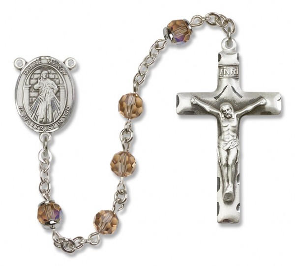 Divine Mercy Sterling Silver Heirloom Rosary Squared Crucifix - Topaz
