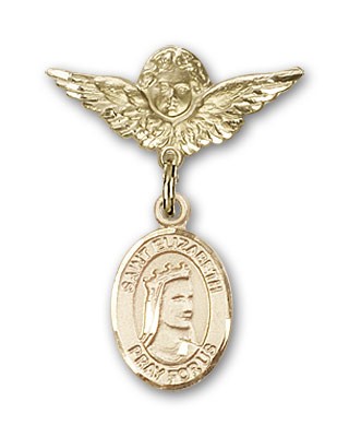 Pin Badge with St. Elizabeth of Hungary Charm and Angel with Smaller Wings Badge Pin - Gold Tone