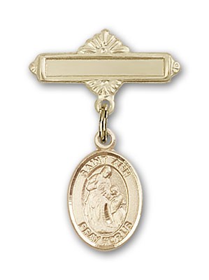 Pin Badge with St. Ann Charm and Polished Engravable Badge Pin - 14K Solid Gold