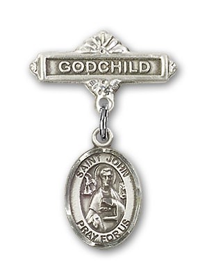 Pin Badge with St. John the Apostle Charm and Godchild Badge Pin - Silver tone