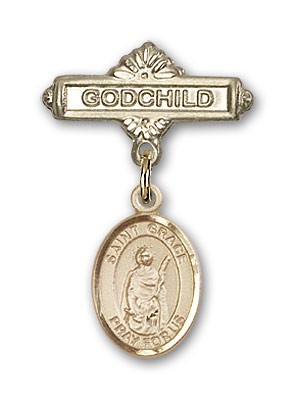 Pin Badge with St. Grace Charm and Godchild Badge Pin - Gold Tone
