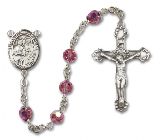 Saints Cosmas and Damian Sterling Silver Heirloom Rosary Squared Crucifix - Rose
