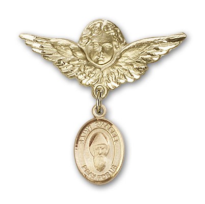 Pin Badge with St. Sharbel Charm and Angel with Larger Wings Badge Pin - Gold Tone