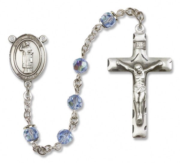 St. Stephen the Martyr Sterling Silver Heirloom Rosary Squared Crucifix - Light Sapphire