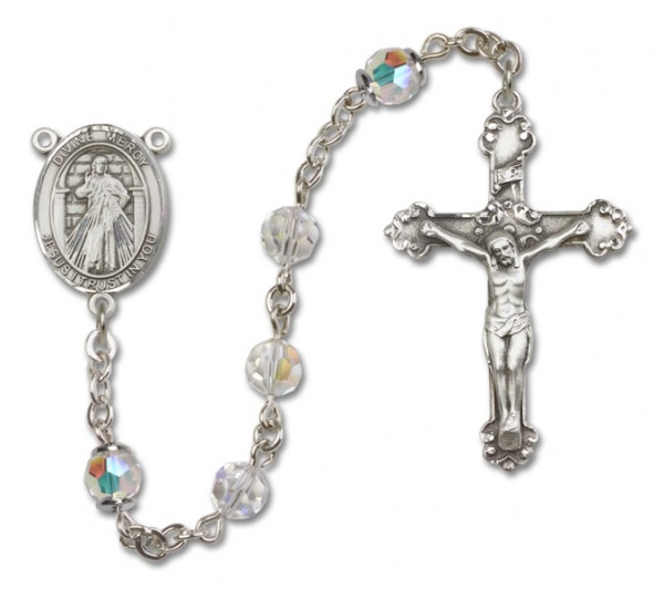 Divine Mercy Sterling Silver Heirloom Rosary Fancy Crucifix - Crystal