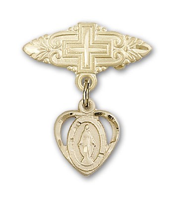 Pin Badge with Miraculous Charm and Badge Pin with Cross - 14K Solid Gold