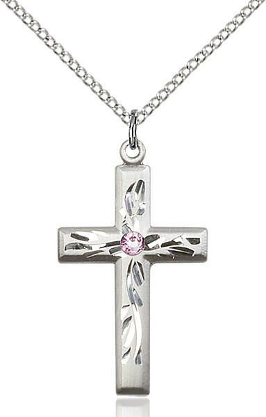 Squared Edge Cross with Vine Etching with Birthstone Options - Light Amethyst