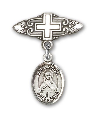 Pin Badge with St. Olivia Charm and Badge Pin with Cross - Silver tone