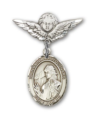 Pin Badge with St. Finnian of Clonard Charm and Angel with Smaller Wings Badge Pin - Silver tone