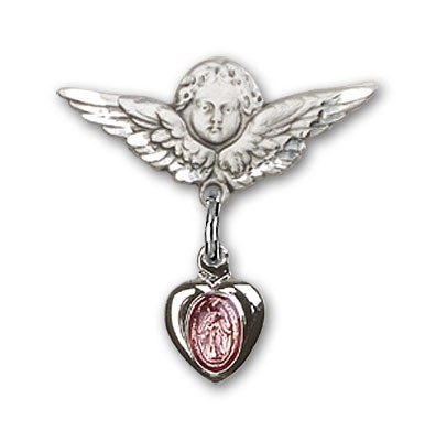 Sterling Silver Baby Pin with Pink Enamel Miraculous Charm and Angel with Smaller Wings - Sterling Silver | Pink Enamel