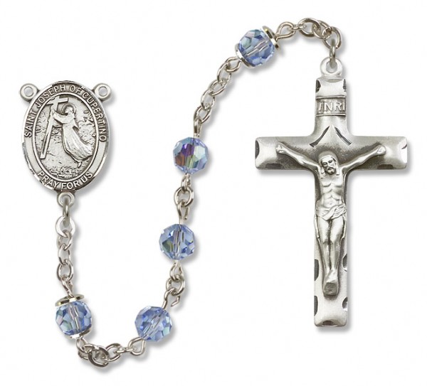 St. Joseph of Cupertino Sterling Silver Heirloom Rosary Squared Crucifix - Light Sapphire