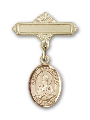 Pin Badge with St. Athanasius Charm and Polished Engravable Badge Pin - Gold Tone