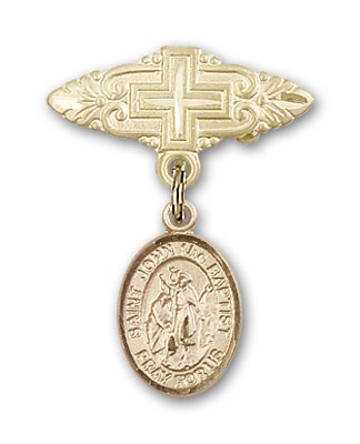 Pin Badge with St. John the Baptist Charm and Badge Pin with Cross - 14K Solid Gold