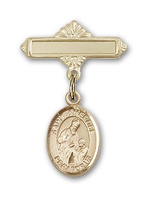 Pin Badge with St. Ambrose Charm and Polished Engravable Badge Pin - 14K Solid Gold