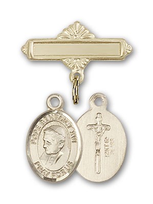 Pin Badge with Pope Benedict XVI Charm and Polished Engravable Badge Pin - 14K Solid Gold
