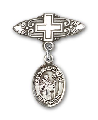 Pin Badge with St. Augustine Charm and Badge Pin with Cross - Silver tone