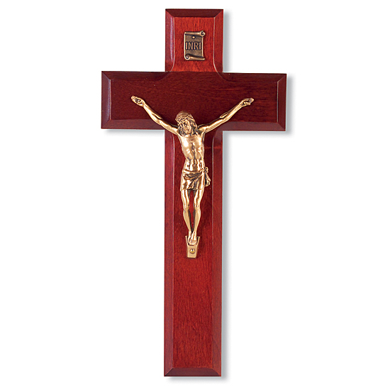 Cherry Wood and Gold-tone Corpus Wall Crucifix - 8 inch - Brown