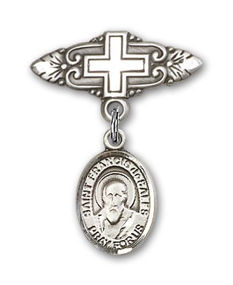 Pin Badge with St. Francis de Sales Charm and Badge Pin with Cross - Silver tone