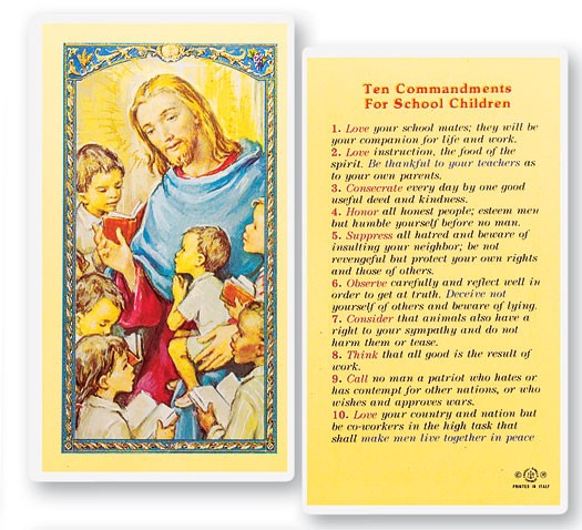Ten Commandments School Kids Laminated Prayer Card - 25 Cards Per Pack .80 per card