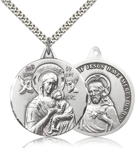 Double Sided Our Lady of Perpetual Help and Sacred Heart Medal - Sterling Silver