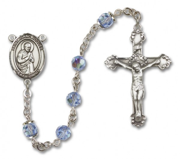 St. Isaac Jogues Sterling Silver Heirloom Rosary Fancy Crucifix - Light Sapphire