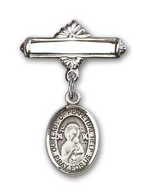 Pin Badge with Our Lady of Perpetual Help Charm and Polished Engravable Badge Pin - Silver tone