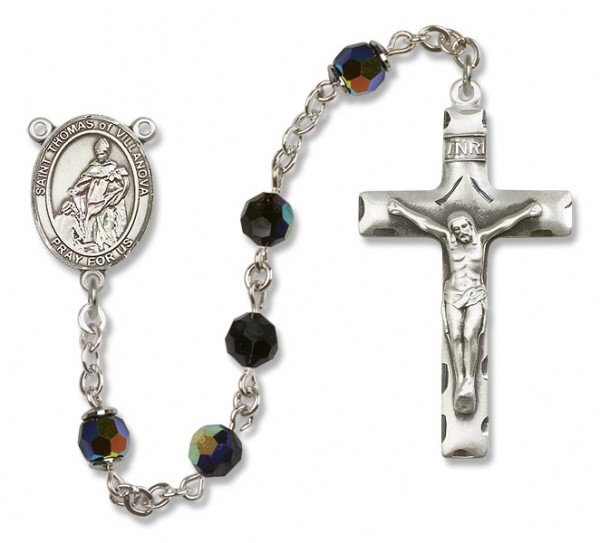 St. Thomas of Villanova Sterling Silver Heirloom Rosary Squared Crucifix - Black