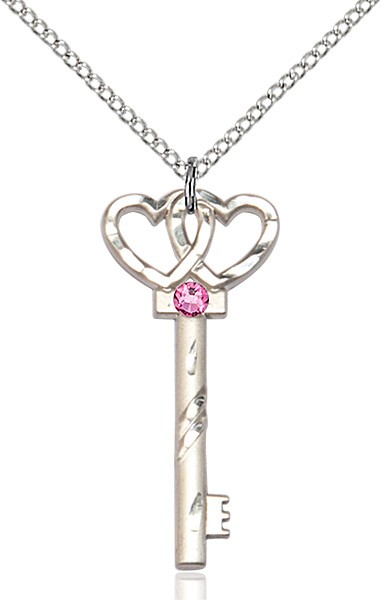 Small Key with Double Heart Pendant and Birthstone - Rose