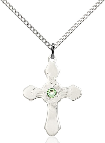 Floral Center Youth Cross Pendant with Birthstone Options - Peridot