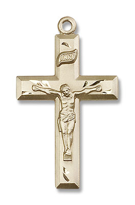 Classic Block Style Crucifix Medal - 14K Solid Gold