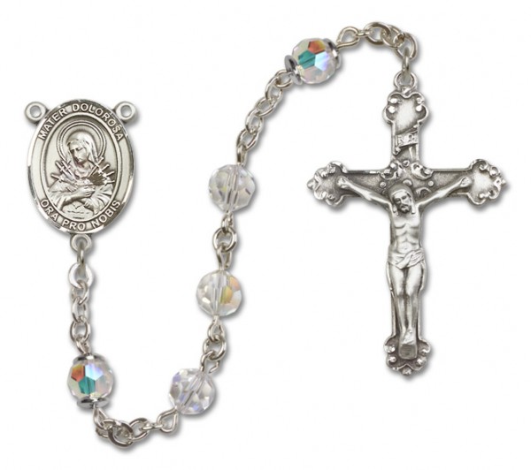 Mater Dolorosa Sterling Silver Heirloom Rosary Fancy Crucifix - Crystal