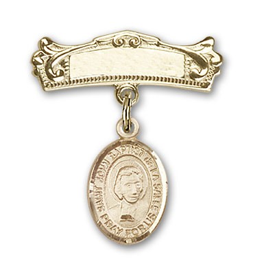 Pin Badge with St. John Baptist de la Salle Charm and Arched Polished Engravable Badge Pin - Gold Tone