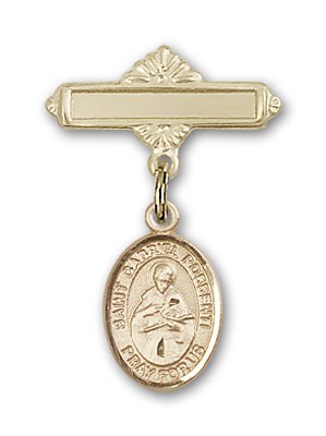 Pin Badge with St. Gabriel Possenti Charm and Polished Engravable Badge Pin - 14K Solid Gold