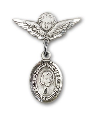 Pin Badge with St. John Baptist de la Salle Charm and Angel with Smaller Wings Badge Pin - Silver tone