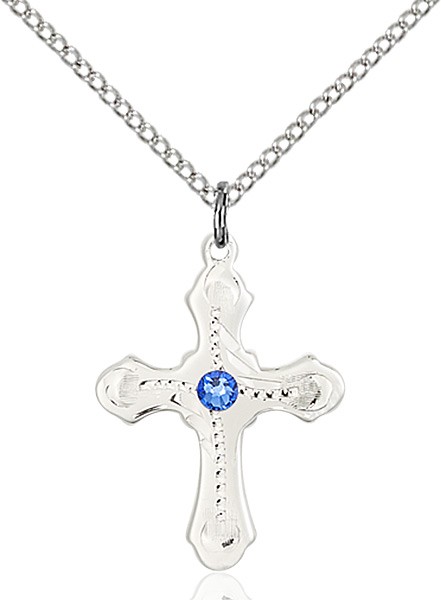 Youth Cross Pendant with Dotted Etching with Birthstone Options - Sapphire