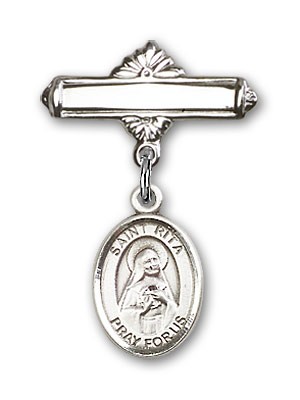 Pin Badge with St. Rita of Cascia Charm and Polished Engravable Badge Pin - Silver tone