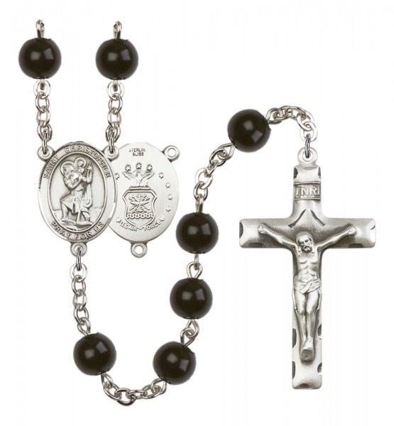 Men's St. Christopher Air Force Silver Plated Rosary - Black