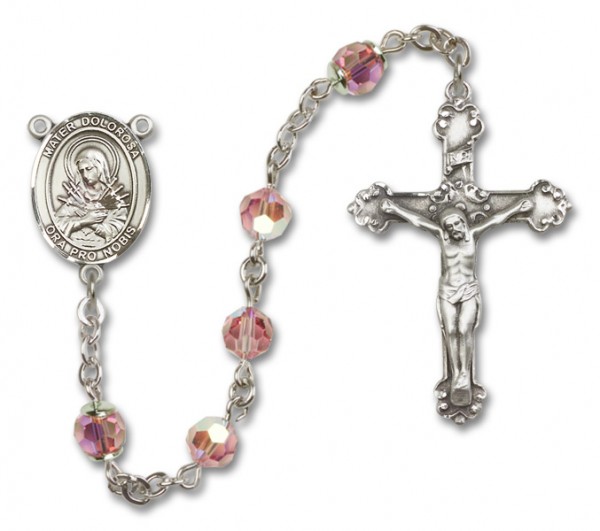 Mater Dolorosa Sterling Silver Heirloom Rosary Fancy Crucifix - Light Rose