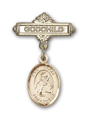 Pin Badge with St. Isidore of Seville Charm and Godchild Badge Pin - Gold Tone