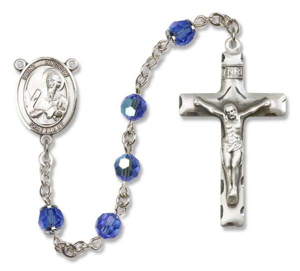 St. Andrew the Apostle Sterling Silver Heirloom Rosary Squared Crucifix - Sapphire