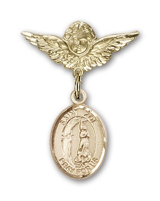 Pin Badge with St. Zoe of Rome Charm and Angel with Smaller Wings Badge Pin - 14K Solid Gold
