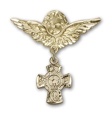 Pin Badge with Red 5-Way Charm and Angel with Larger Wings Badge Pin - 14K Solid Gold