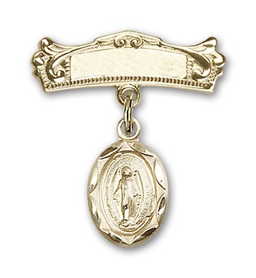 Baby Pin with Miraculous Charm and Arched Polished Engravable Badge Pin - Gold Tone