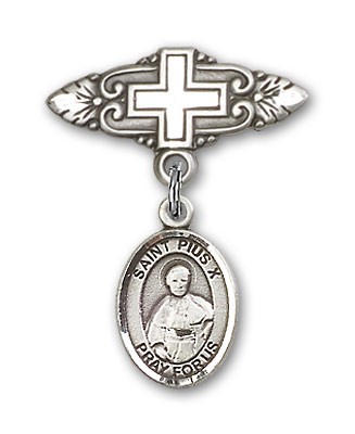 Pin Badge with St. Pius X Charm and Badge Pin with Cross - Silver tone
