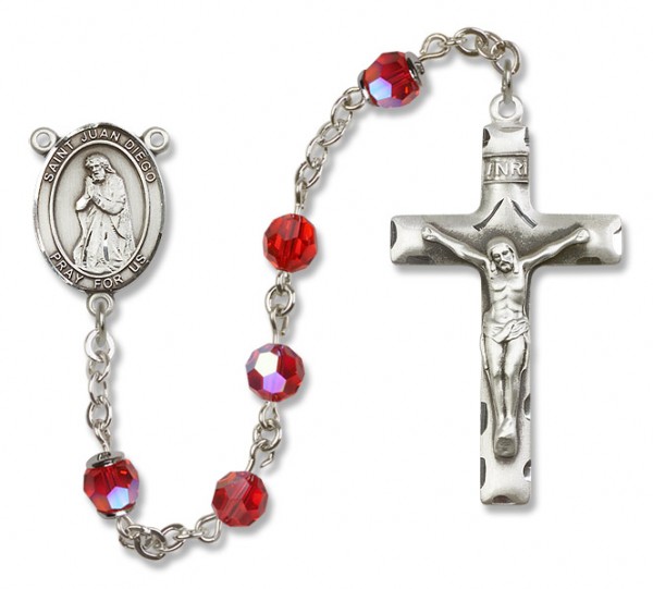 St. Juan Diego Sterling Silver Heirloom Rosary Squared Crucifix - Ruby Red