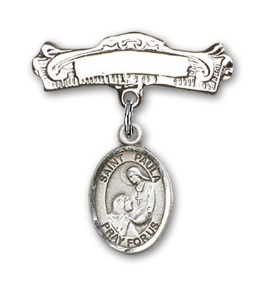 Pin Badge with St. Paula Charm and Arched Polished Engravable Badge Pin - Silver tone