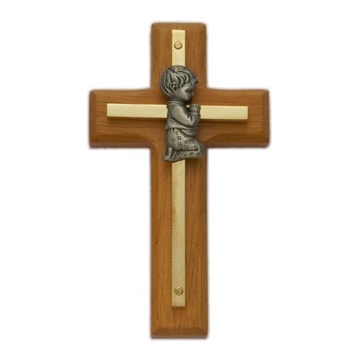 Wood &amp; Brass Praying Boy Baby Cross 4&quot;H   - Brown