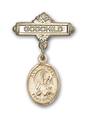 Pin Badge with St. Andrew the Apostle Charm and Godchild Badge Pin - Gold Tone
