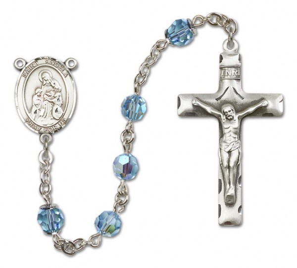 St. Angela Merici Sterling Silver Heirloom Rosary Squared Crucifix - Aqua